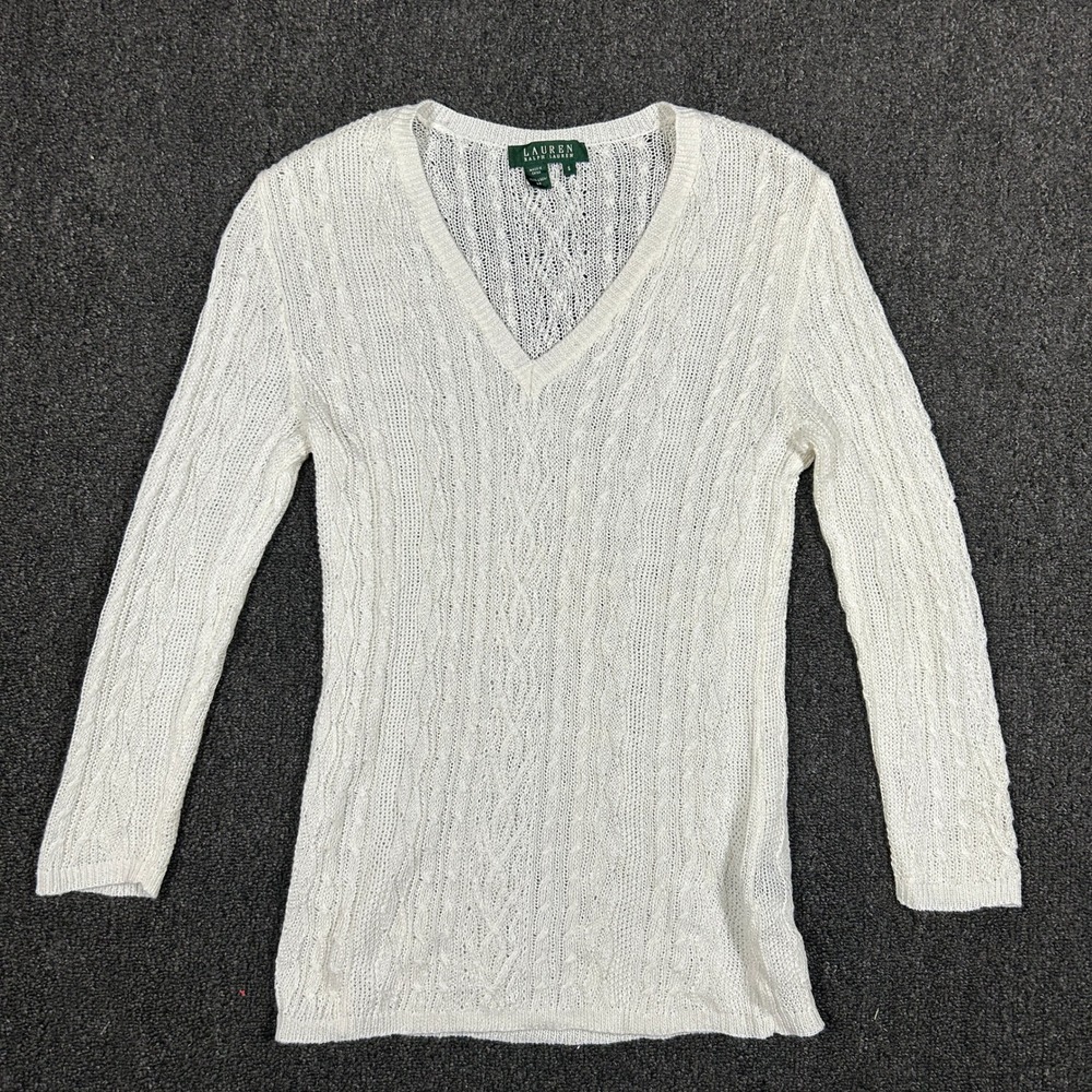 Lauren Ralph Lauren Sweater Womens Small White Linen Cable Knit V-Neck Excellent